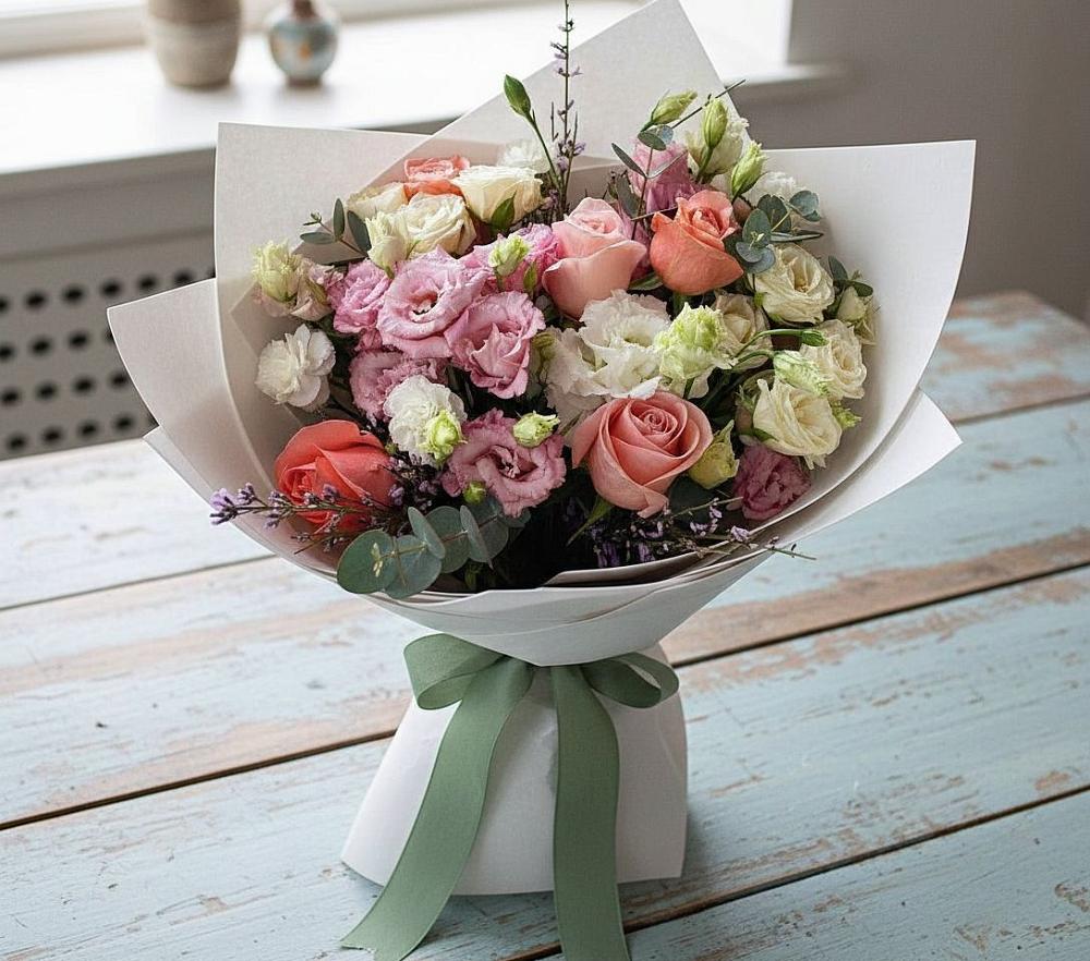 Букет цветов из: Розы, Лизиантусы и Гвоздики в Светлополянске